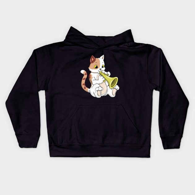 Cute cat is playing the trumpet Kids Hoodie by Markus Schnabel